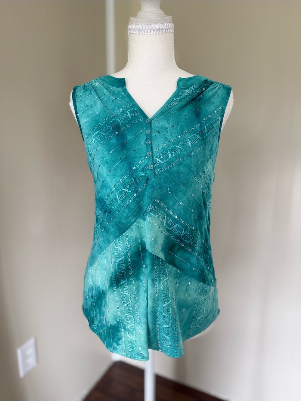 Vintage Y2K Tank Top Fairycore cami Teal Beaded Sleeveless mermaidcore S - Picture 4 of 10